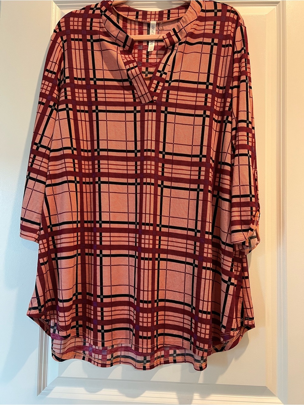 Dear Scarlett Plaid Split-Neck Tunic in Pink and Burgundy
